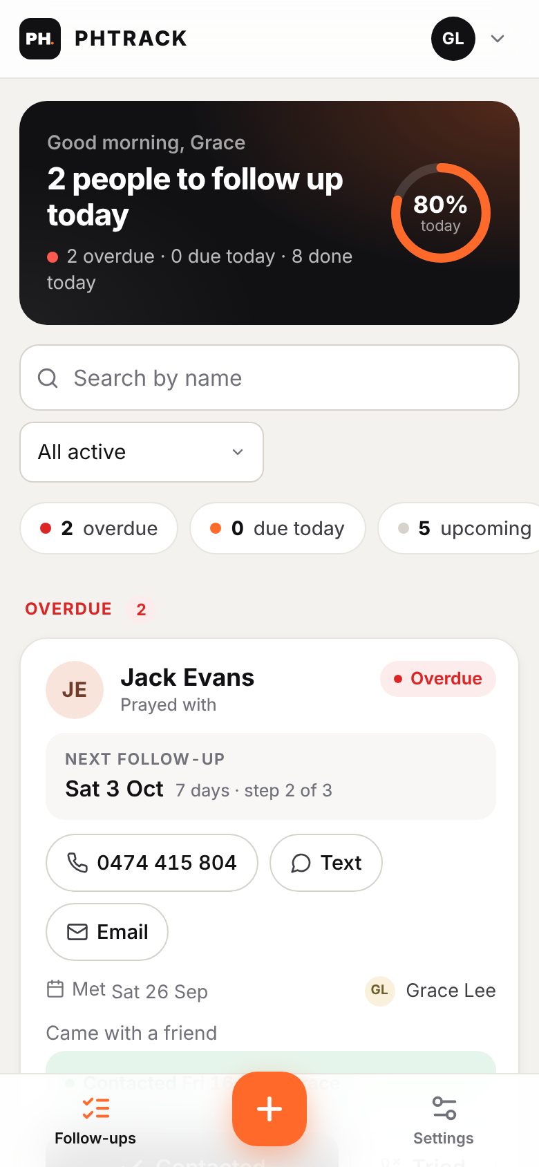 PHTRACK on a phone: “2 people to follow up today”, with a progress ring and a card for the next person to call